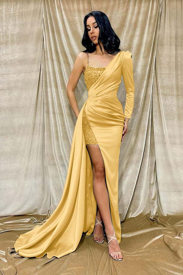 Light Green Mermaid One Shoulder Long Sleeve Front Split Evening Dress With Sequins