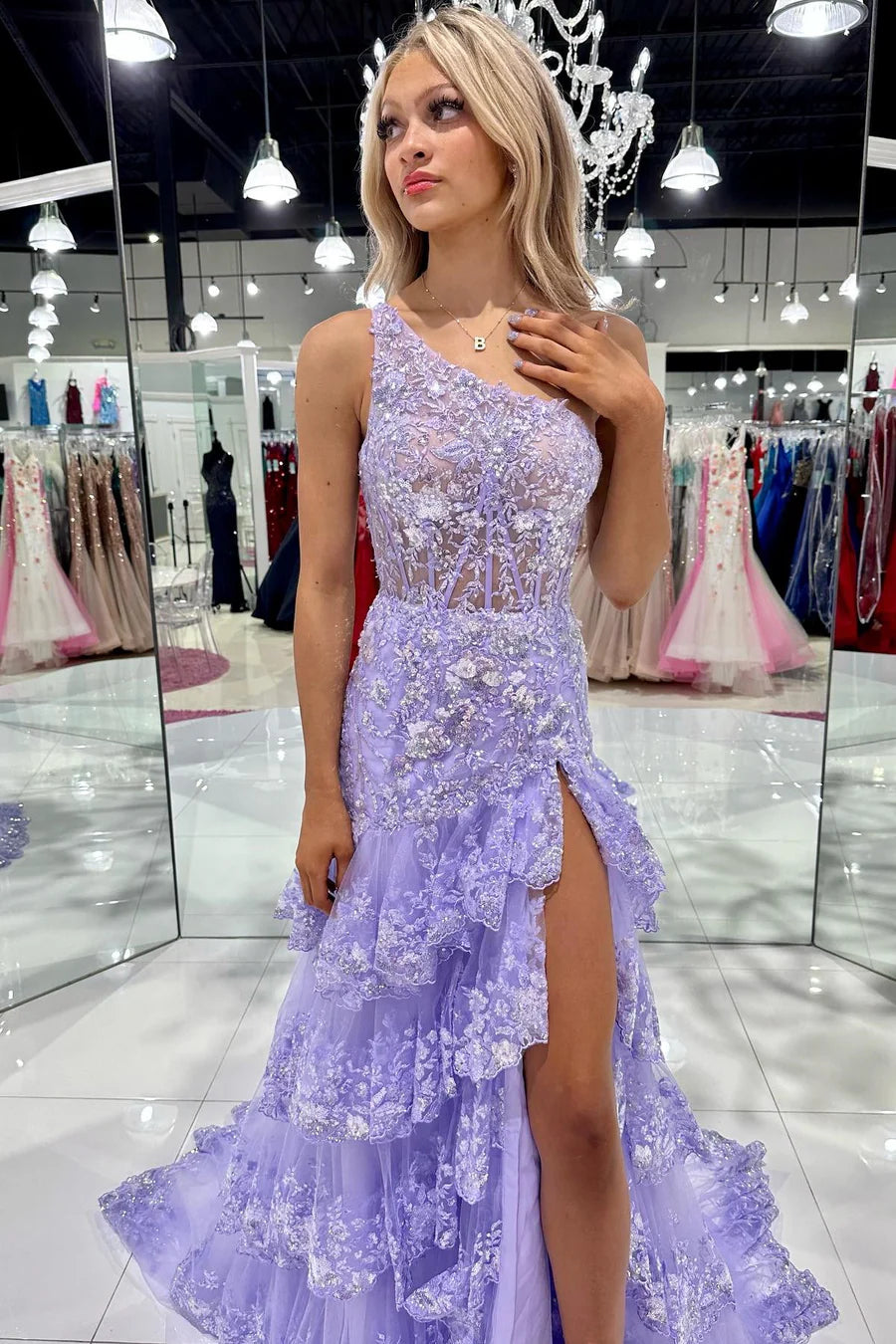 Navy Lace Corset Prom Dress with Sparkly Ruffles and One Shoulder A-Line