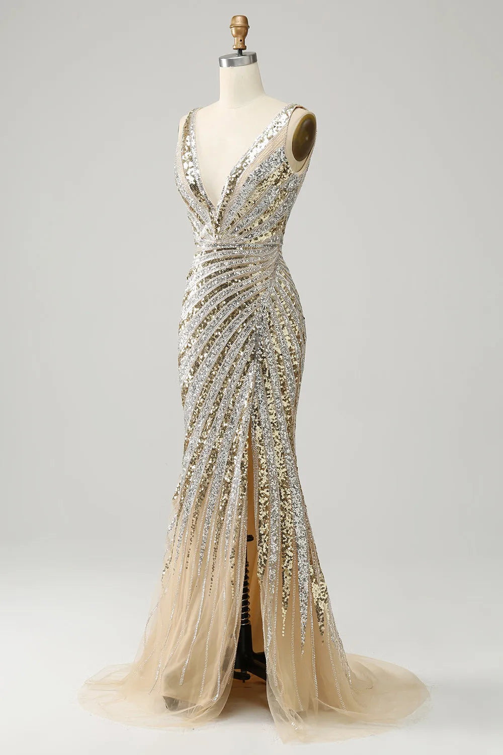 Golden Sparkle Mermaid Prom Dress with Deep V-Neck and Sequins