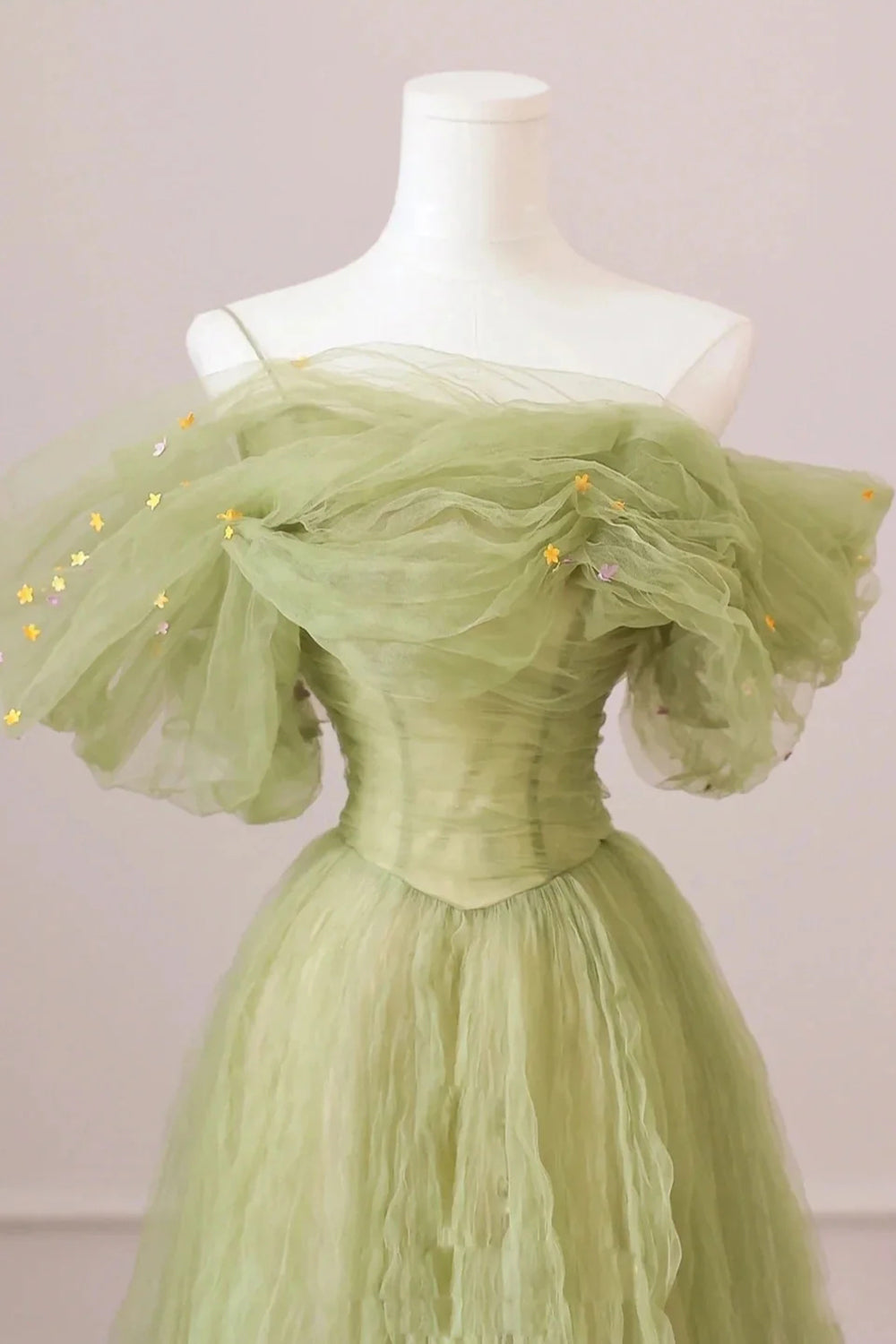 Light Green Long Prom Dress with Off-the-Shoulder A-Line Design