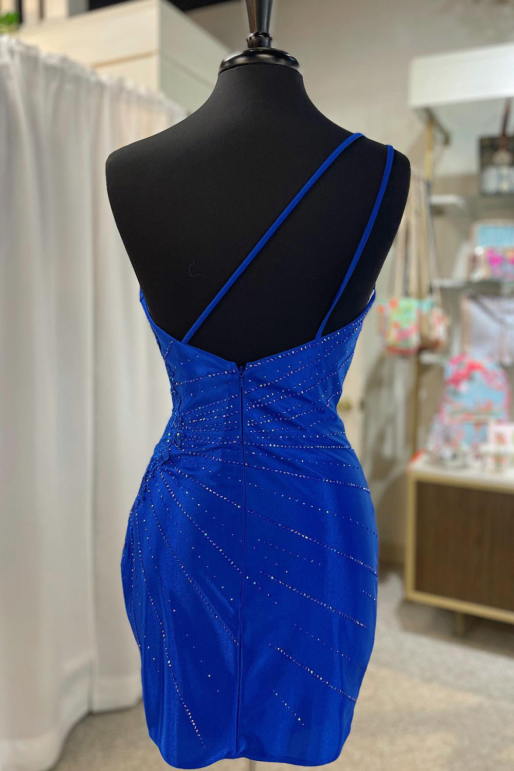 Sparkly Royal Blue Sequined One Shoulder Tight Short Homecoming Dress/Mini Dress with Appliques