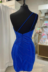 Sparkly Royal Blue Sequined One Shoulder Tight Short Homecoming Dress/Mini Dress with Appliques