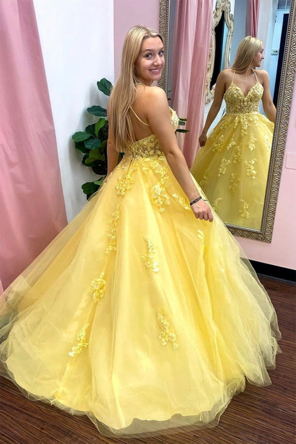 Prom Gown with Yellow Spaghetti Straps