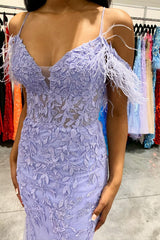 Lilac Long Prom Dress with Feathers in a Mermaid Off-the-Shoulder Style