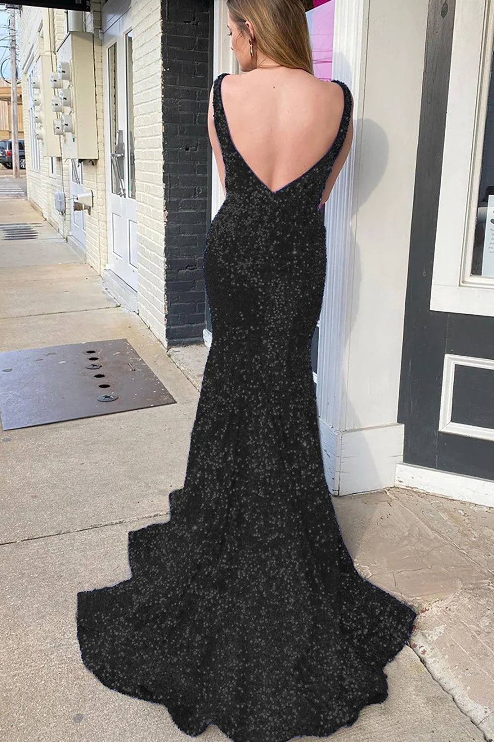 Black Sequined Long Prom Dress with Mermaid Deep V Neckline