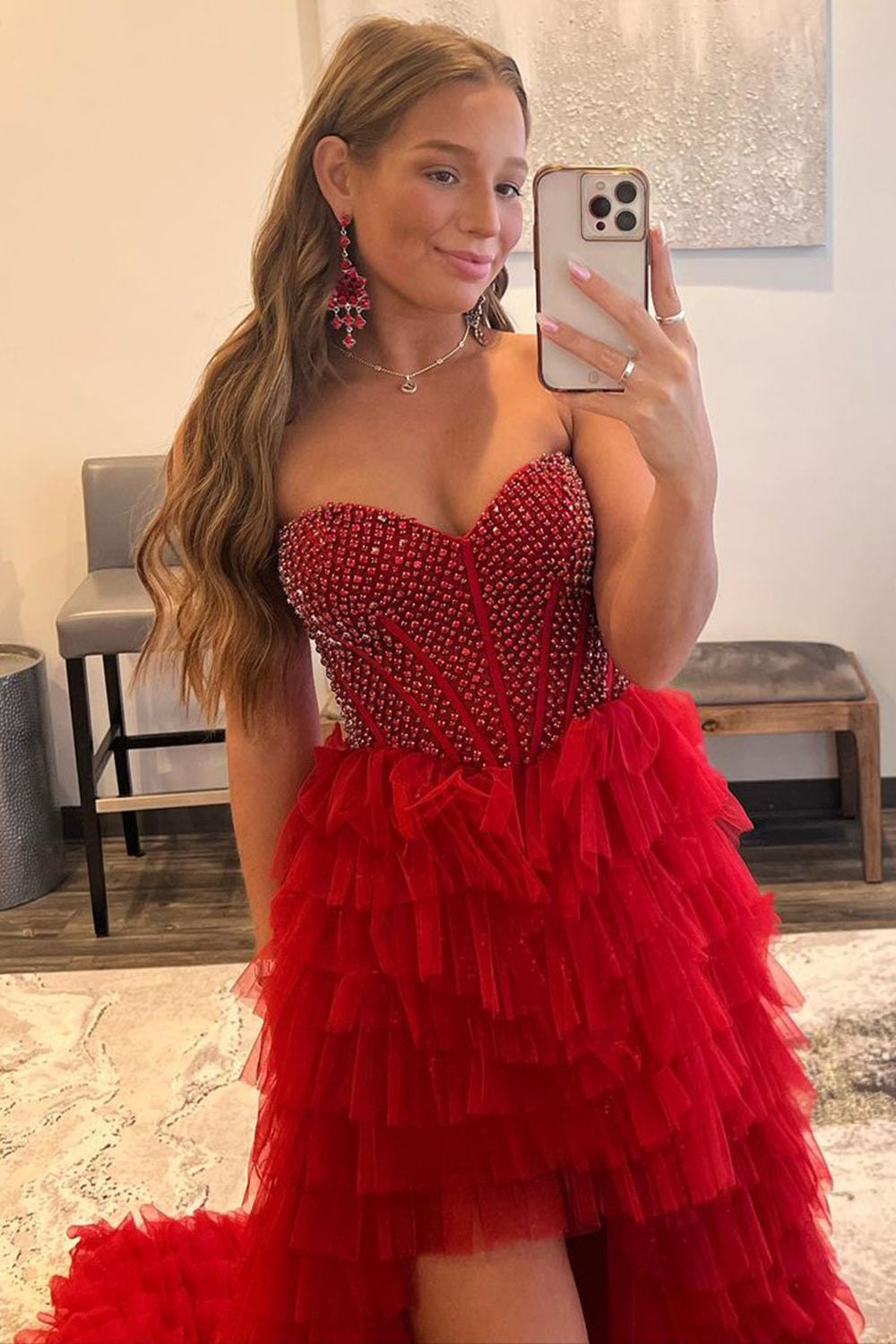 Red Beaded A-Line Tiered High Low Prom Homecoming Dress/Mini Dress