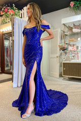 Royal Blue Sequined Mermaid Prom Dress with Slit and Off-Shoulder Design