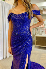 Royal Blue Sequined Mermaid Prom Dress with Slit and Off-Shoulder Design
