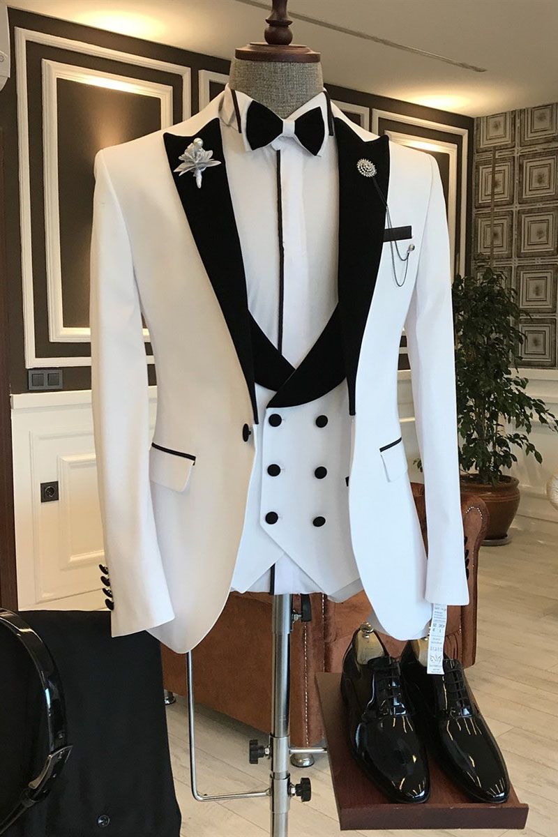 Fashion Gentle White Mixed Black One-Button Prom Attire for Guys with Peaked Lapel