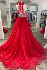 Long Red Prom Dress with Beading in A-Line Halter Neck Style
