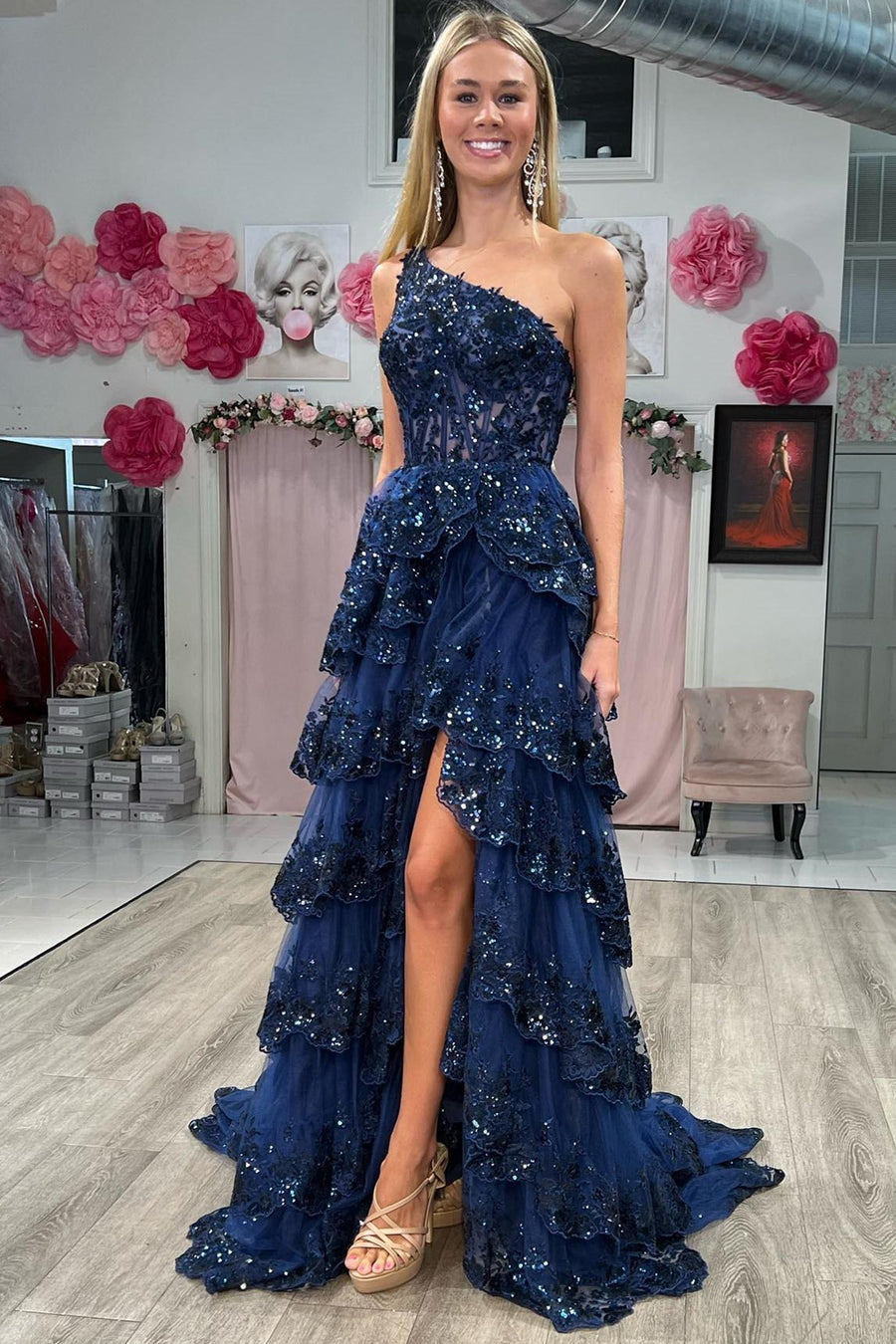 Light Purple Long Prom Dress with One Shoulder and Lace Ruffles in A-Line Princess Style