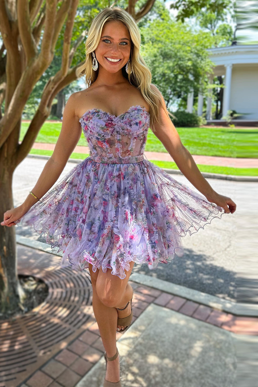 Pink Corset Sweetheart Flower A-Line Short Homecoming Dress/Mini Dress with Ruffles