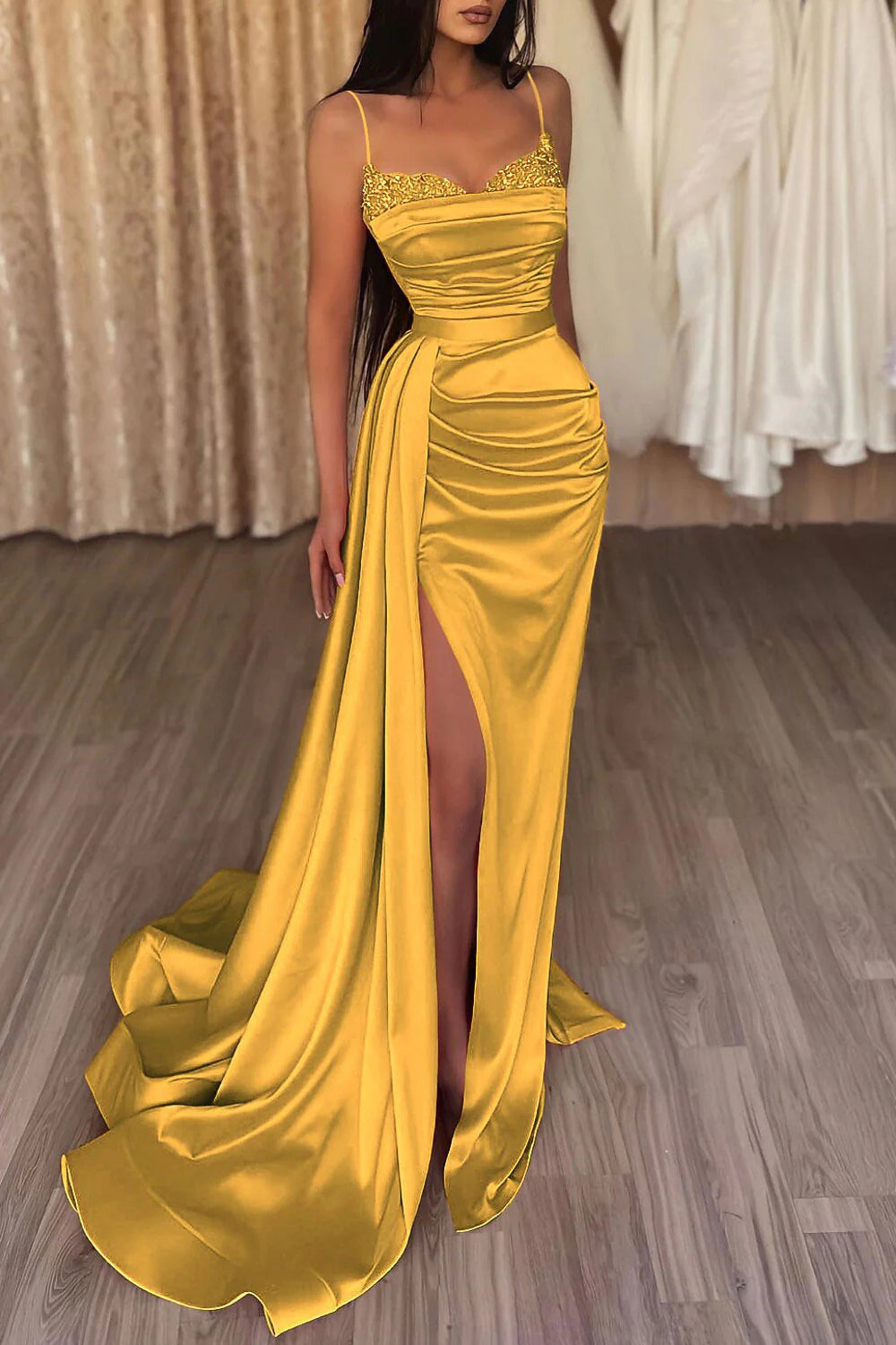 Long Dark Grey Prom Dress with Mermaid Spaghetti Straps and Front Split