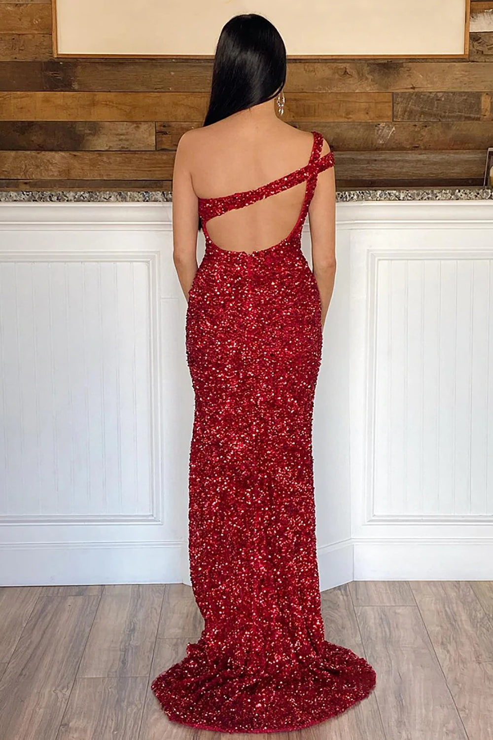 Long Red Prom Dress with One Shoulder and Sequins