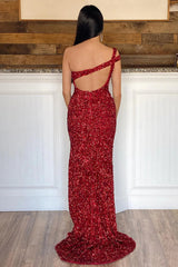 Long Red Prom Dress with One Shoulder and Sequins