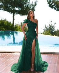 Stunning Cap Sleeve One Shoulder Mermaid Evening Dress Tulle Long Slit With Beadings