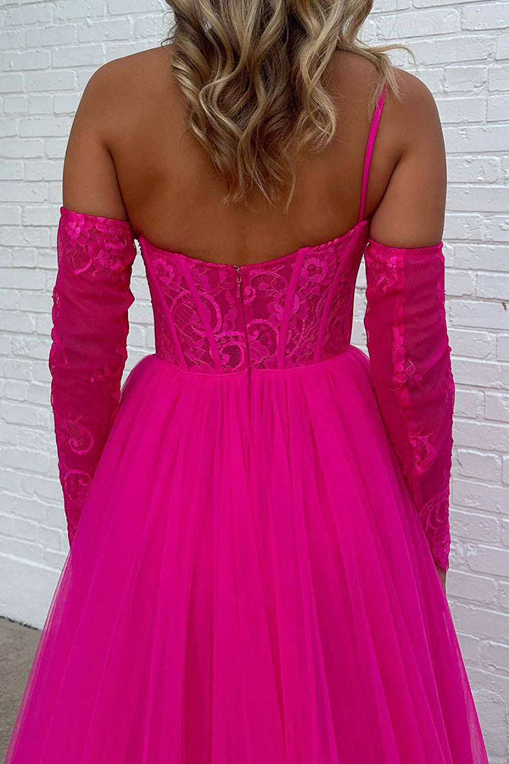 Fuchsia One-Shoulder A-Line Prom Corset Dress with Front Split