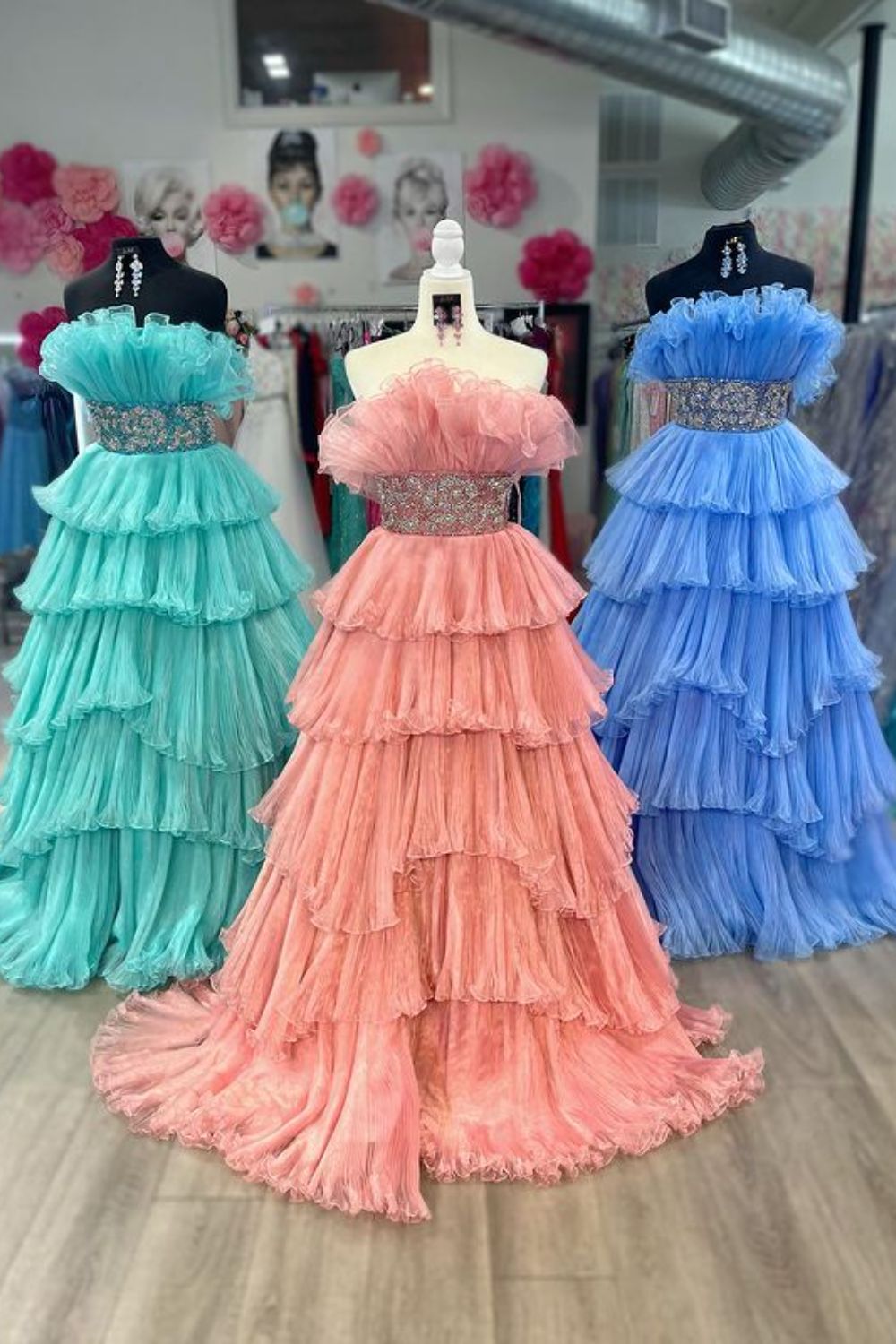 Long Blue Strapless Prom Dress with Beading in Princess Tulle