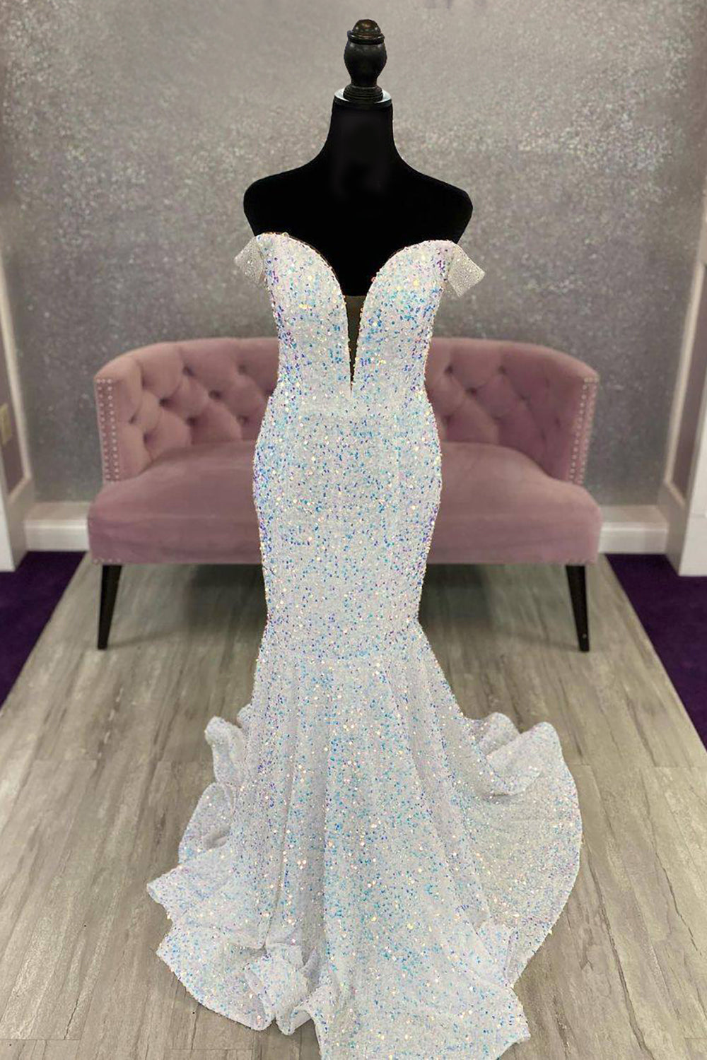 Long White Mermaid Prom Dress with Off-the-Shoulder Neckline and Open Back in Sequins