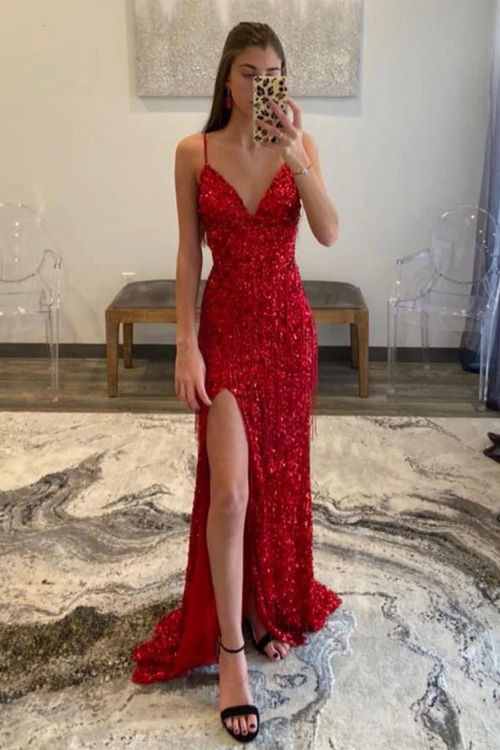 Prom Dress in Red with Sequins Glitter and a Slit
