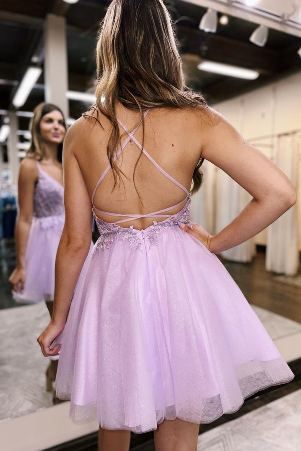 Glitter Lilac Corset A-Line Tulle Short Homecoming Dress/Mini Dress with Lace