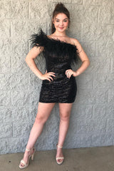 Black One Shoulder Sequins Short Homecoming Dress/Mini Dress with Feathers