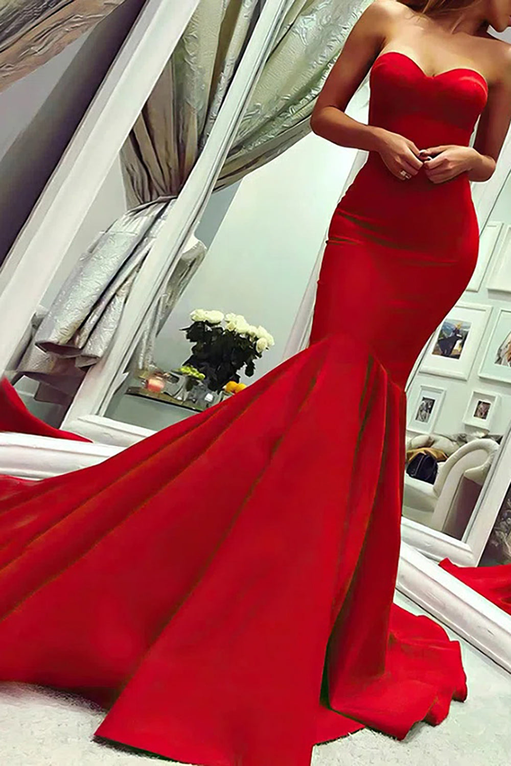 Strapless Mermaid Prom Dress in Red Satin