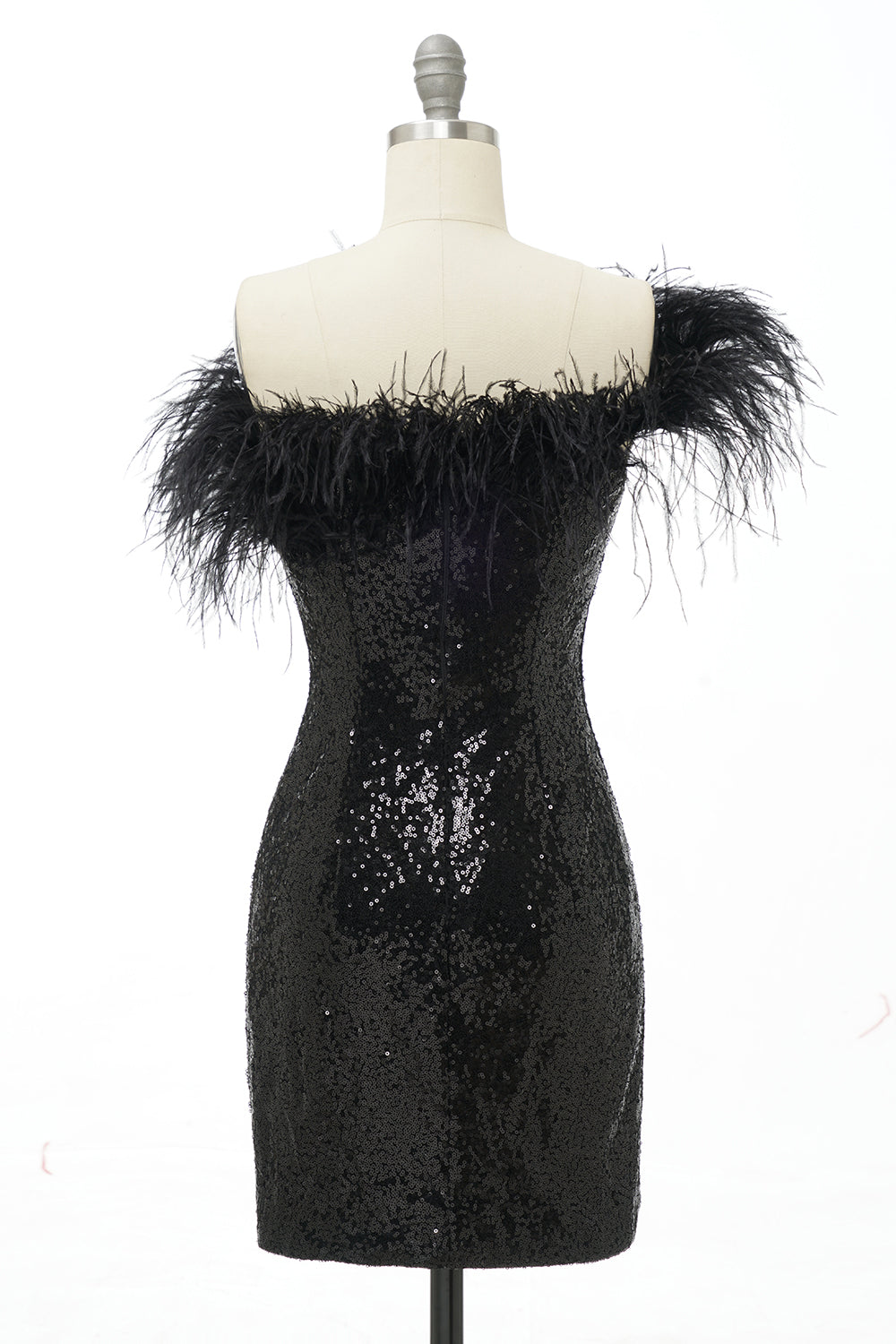 Black One Shoulder Sequins Short Homecoming Dress/Mini Dress with Feathers