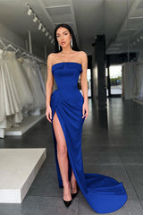 Red Strapless Mermaid Charmeuse Evening Dress Split