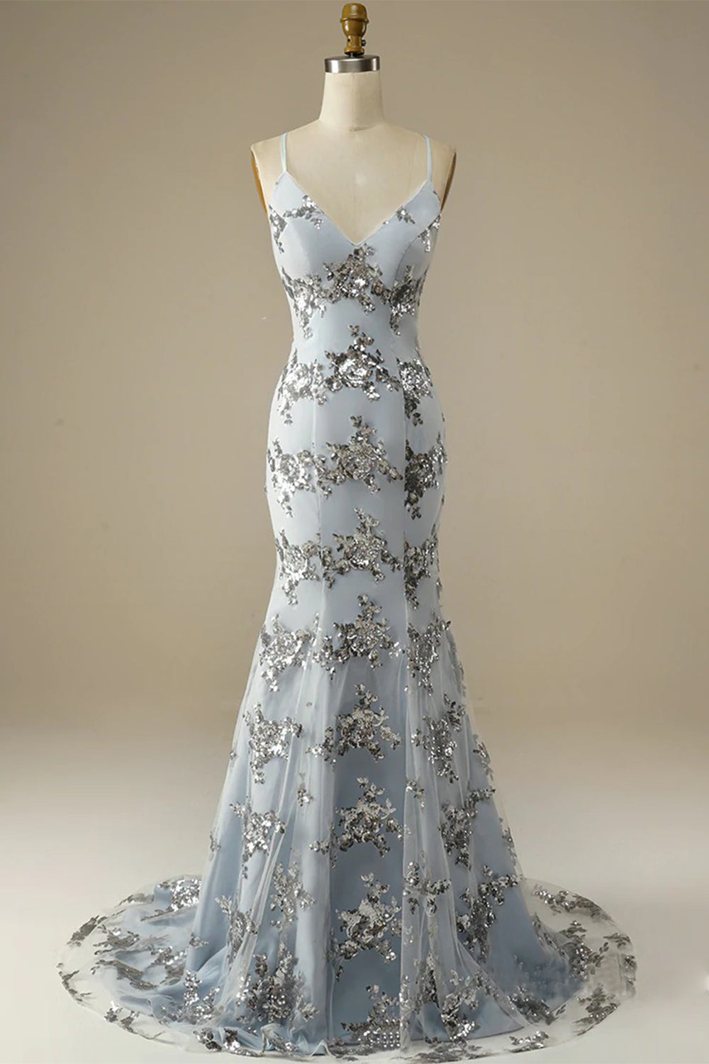 Prom Dress with Spaghetti Straps and Beaded Backless Design