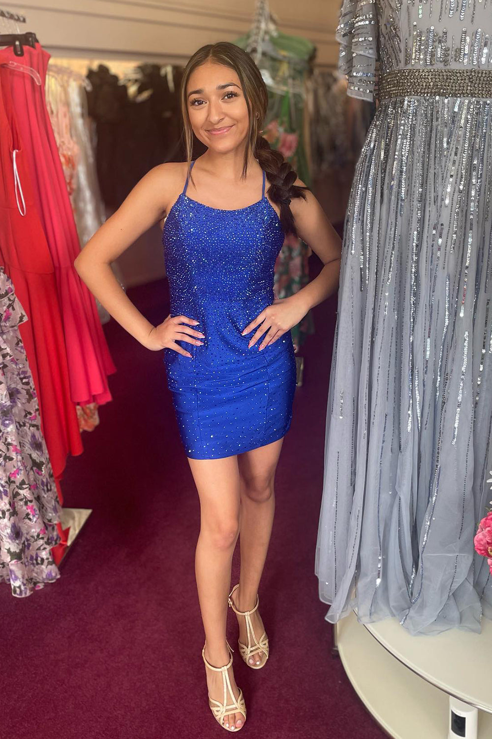Glitter Orange Backless Tight Beaded Short Homecoming Dress/Mini Dress