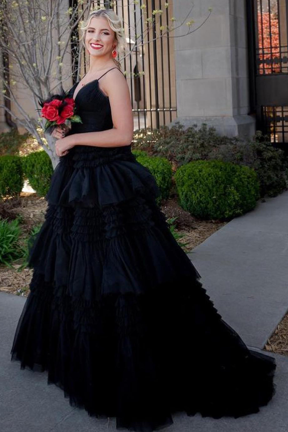 Long Black Prom Dress with Spaghetti Straps in A-Line Style
