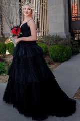 Long Black Prom Dress with Spaghetti Straps in A-Line Style