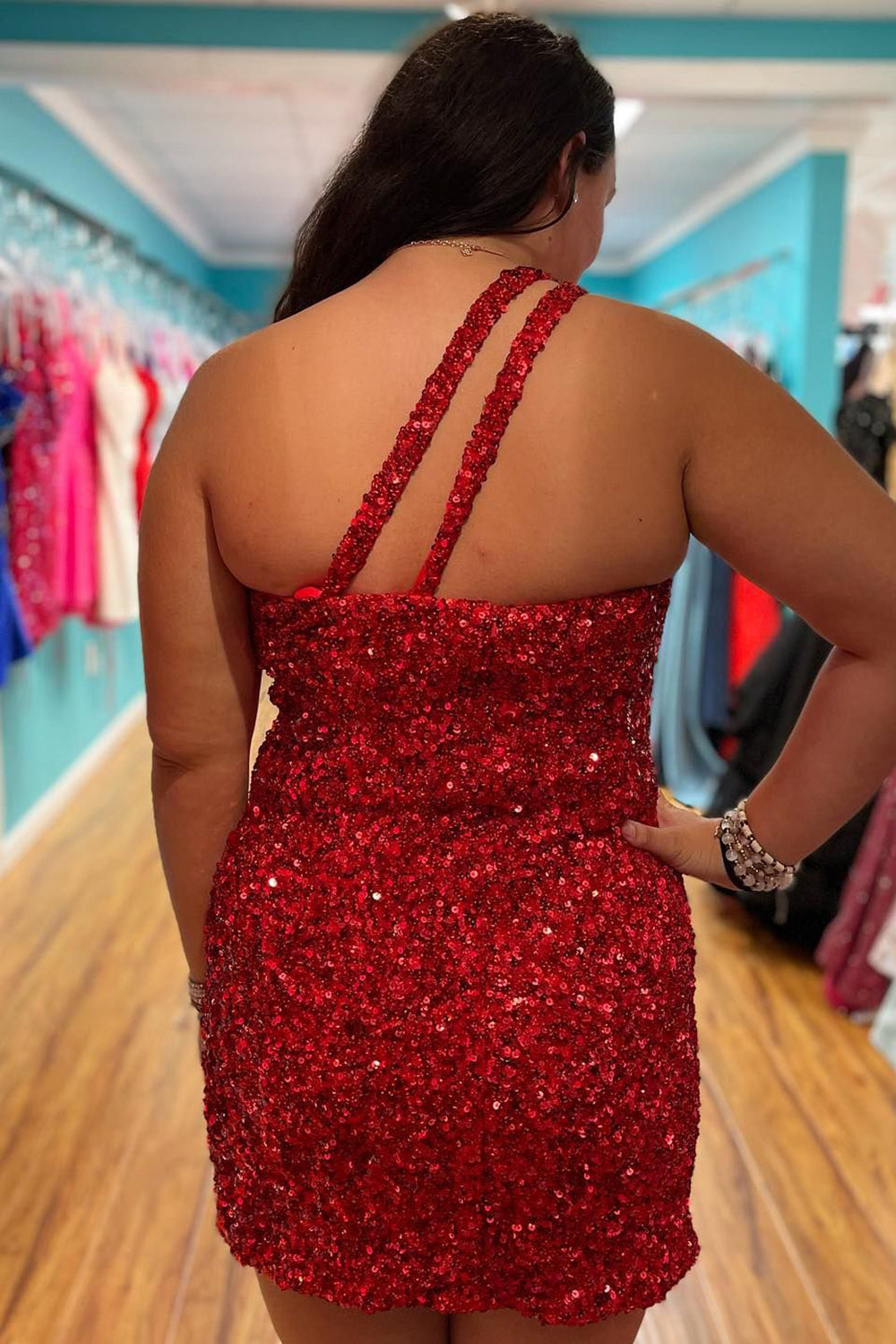 Sparkly Dark Red Sequins One Shoulder Tight Short Homecoming Dress/Mini Dress