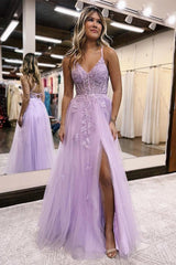Lilac Long Prom Dress with Spaghetti Straps and Appliques in A-Line Style