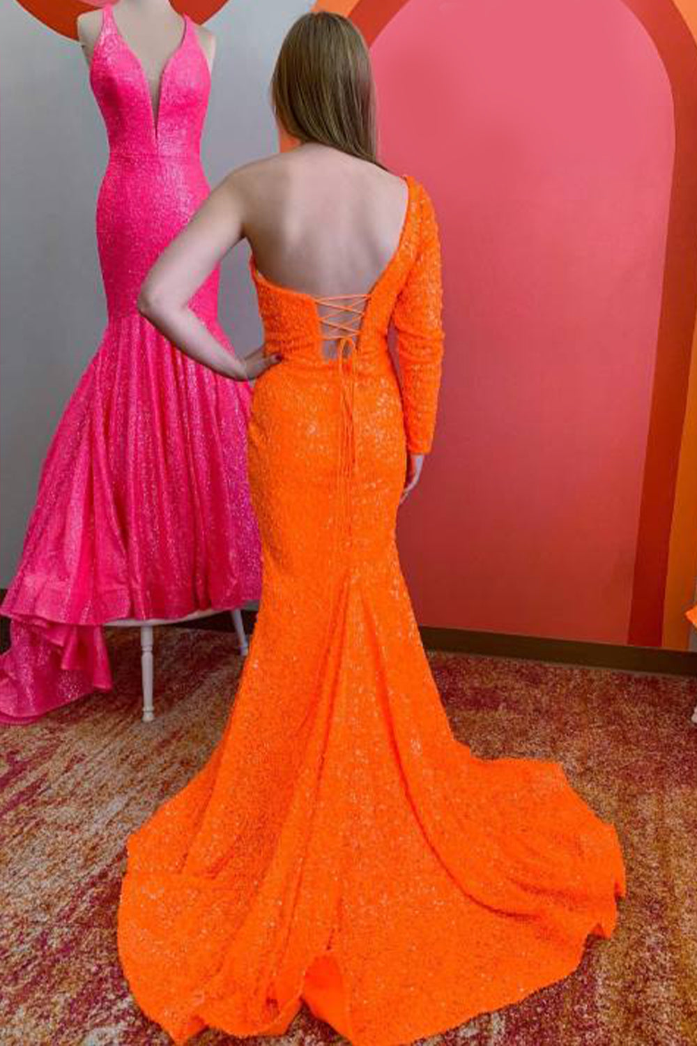 Long Sleeve One-Shoulder Sequined Mermaid Prom Dress with Slit