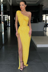 Yellow Mermaid One-Shoulder Evening Dress Sequins Split