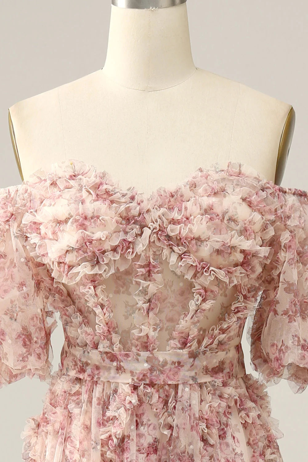 Elegant Off-the-Shoulder Pink Floral Corset Prom Dress with A-Line Silhouette and Sweep Train
