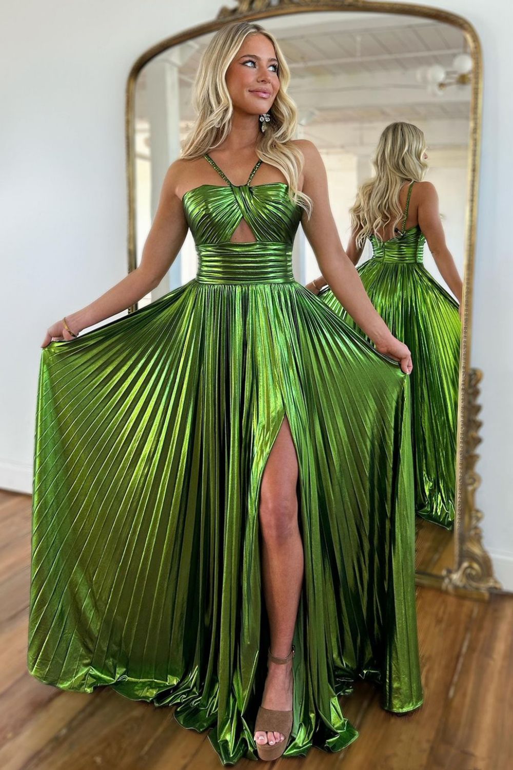 Gold Long Prom Dress with Sparkly A Line Halter Neck and Keyhole Slit