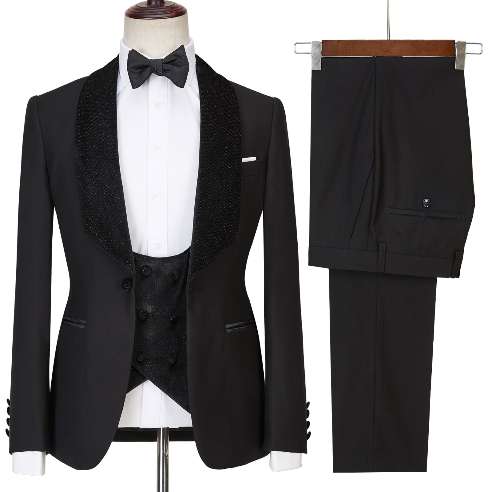 Modern Black Shawl Lapel Three-Piece Sparkle Men's Wedding Suits