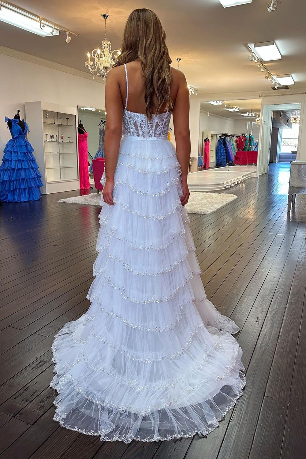 White Corset Prom Dress with Princess A Line Spaghetti Straps Appliques and Ruffles