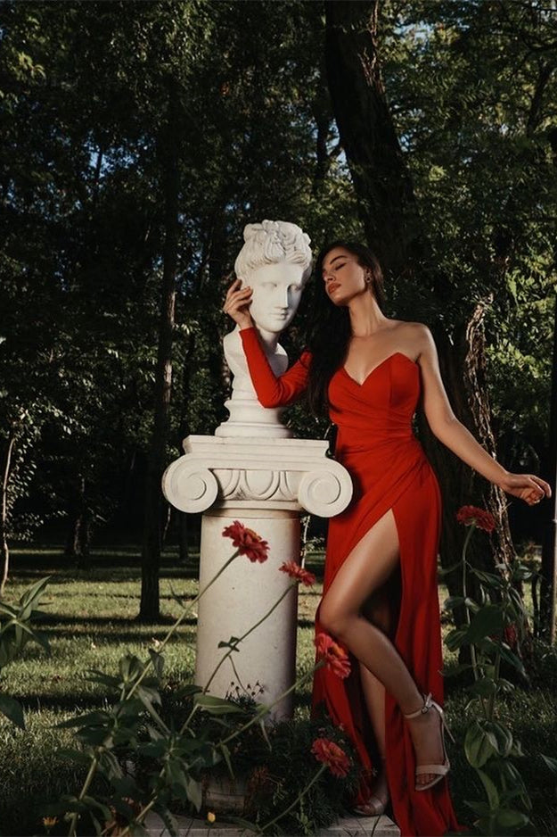 Red Sweetheart Slit Mermaid Evening Dress With One Sleeve