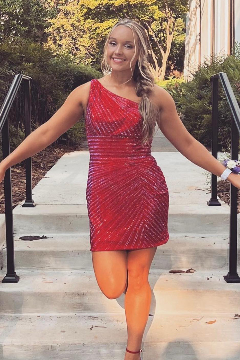 Sparkly Navy Beaded One Shoulder Tight Short Homecoming Dress/Mini Dress