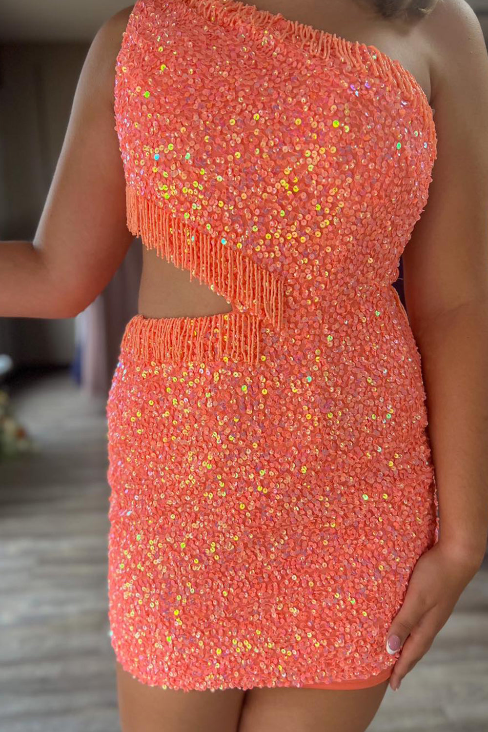 Sparkly Turquoise Sequins Fringed Cut Out Tight Short Homecoming Dress/Mini Dress