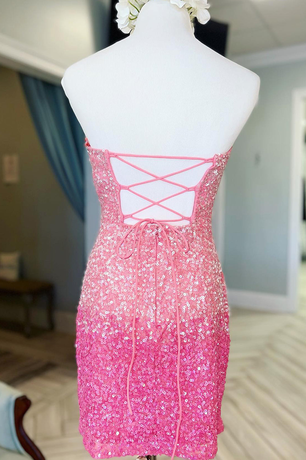 Sparkly Pink Ombre Sequin Tight Short Homecoming Dress/Mini Dress