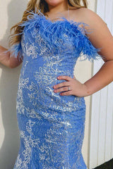 Elegant Strapless Blue Prom Dress with Mermaid Silhouette and Feather Accents