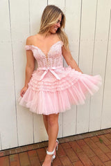 Sparkly Pink Tiered A-Line Tulle Short Homecoming Dress/Mini Dress with Lace