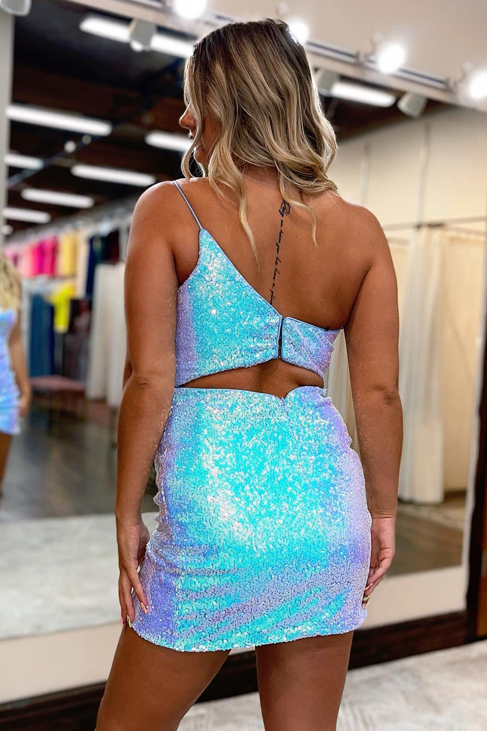 Blue Open Back One Shoulder Sequins Tight Short Homecoming Dress/Mini Dress