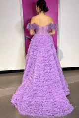 Purple Long Prom Dress with Feathers 鈥?Off-the-Shoulder A-Line Princess Style