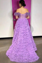 Purple Long A-Line Prom Dress with Feathers for Princess Off-the-Shoulder